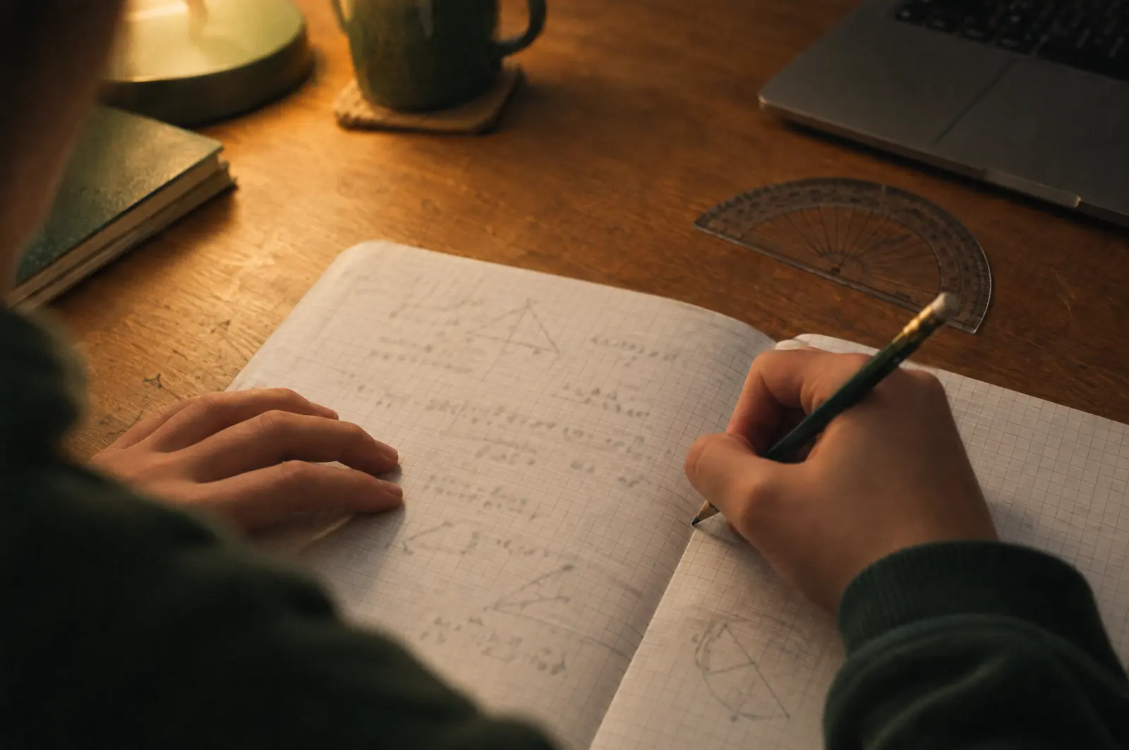 A pupil working through a geometry problem in pencil, with a protractor beside the exercise book.
